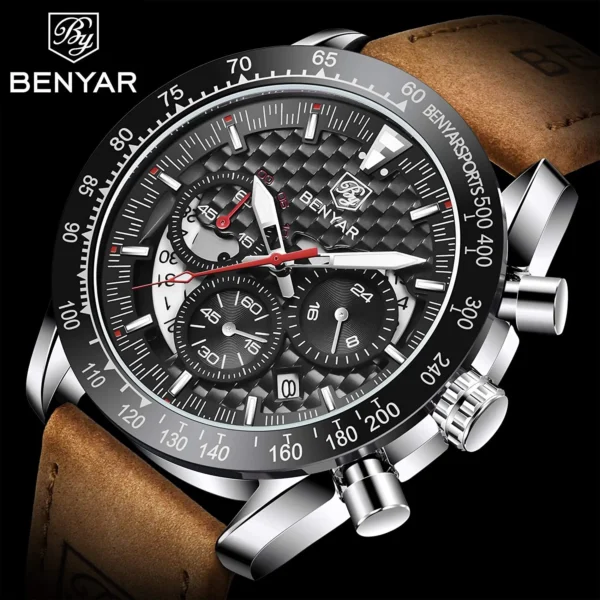 Hafta Bazar by Benyar 5175 Brow Satovi Premium Series wristwatch with brown dial, silver case, and leather strap.