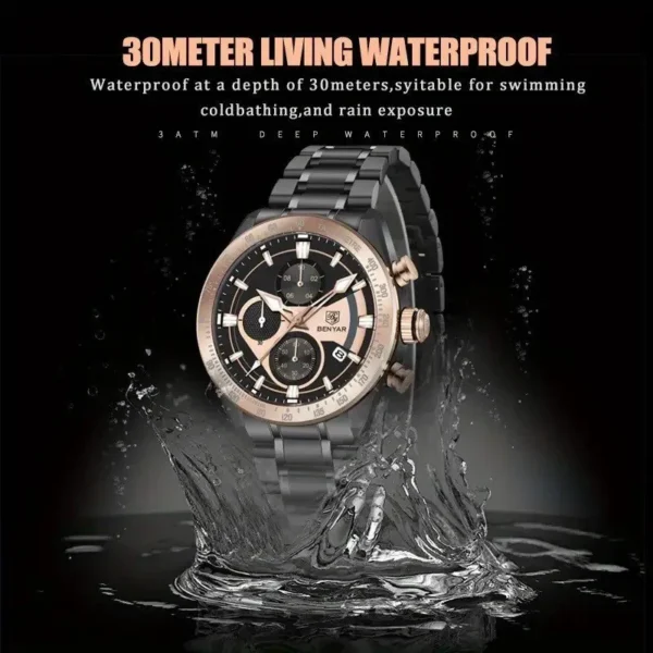 Hafta Bazar by Benyar-5201 Classic Chronograph Elite Series wristwatch with a sleek black dial and stainless steel strap, featuring chronograph subdials and a modern, elegant design.