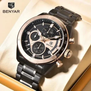 Hafta Bazar by Benyar-5201 Classic Chronograph Elite Series wristwatch with a sleek black dial and stainless steel strap, featuring chronograph subdials and a modern, elegant design.