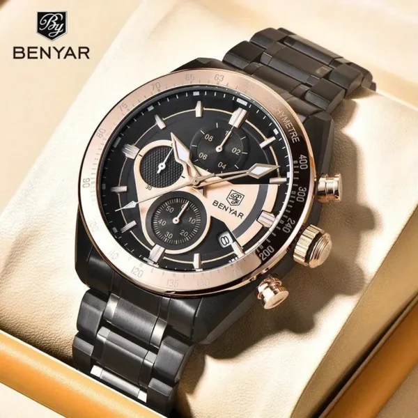 Hafta Bazar by Benyar-5201 Classic Chronograph Elite Series wristwatch with a sleek black dial and stainless steel strap, featuring chronograph subdials and a modern, elegant design.