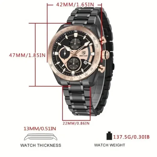 Hafta Bazar by Benyar-5201 Classic Chronograph Elite Series wristwatch with a sleek black dial and stainless steel strap, featuring chronograph subdials and a modern, elegant design.