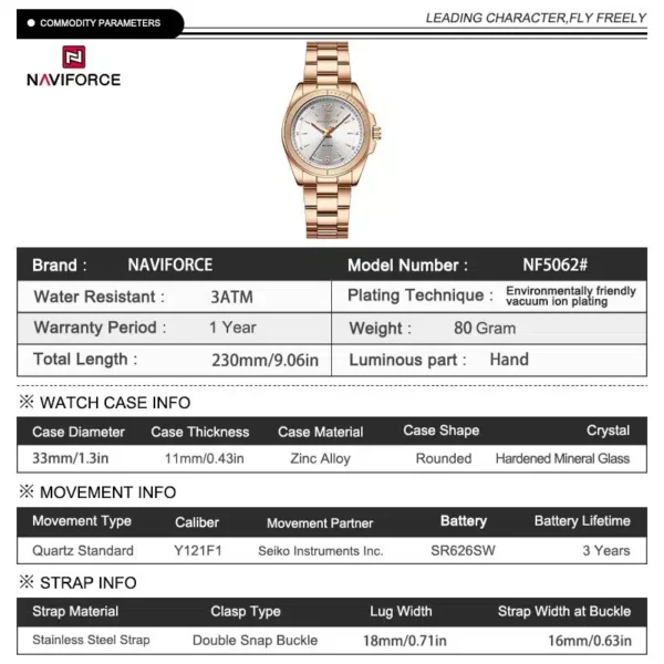 Naviforce NF 5062 Pixie Dial women’s wristwatch with elegant dial design and comfortable strap
