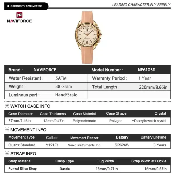 Naviforce NF‑6103 BlushTime women’s analog watch with round dial and soft silicone strap.