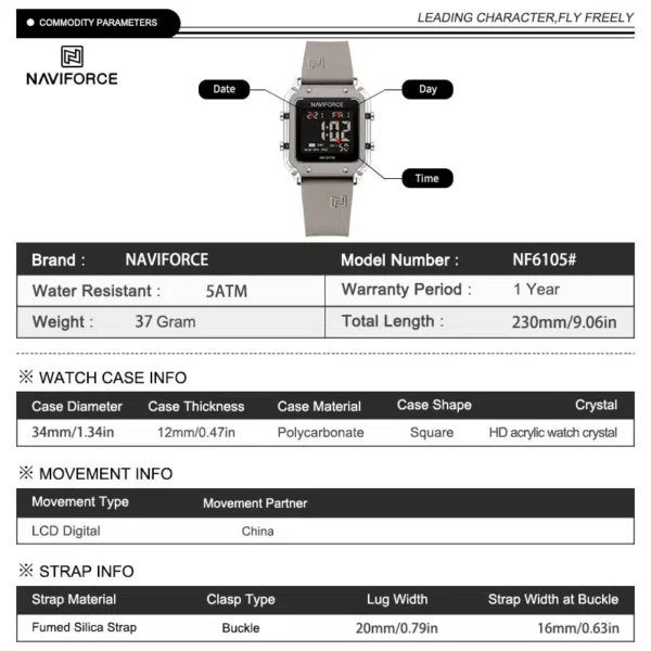 Naviforce NF-6105 SmartAura women’s digital watch with square dial and silicone strap
