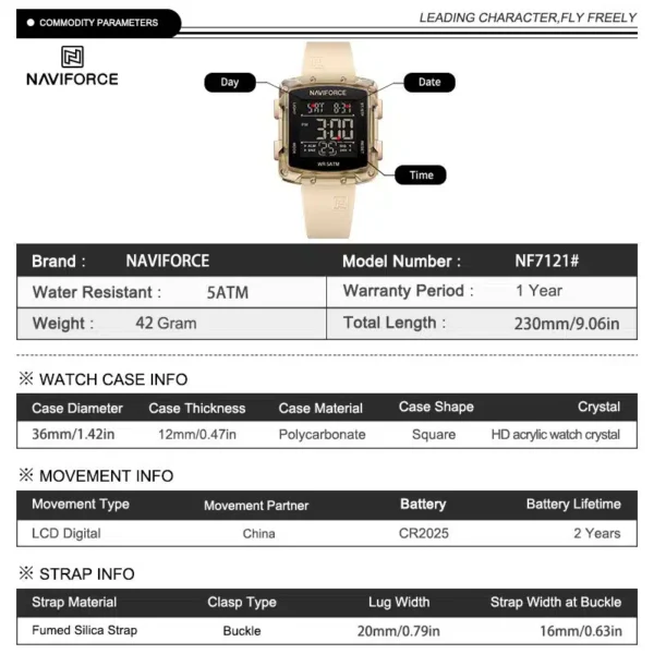 Alt Text: Naviforce NF-7121 Digitron square-dial women’s digital watch with soft silicone strap and bright LCD display.