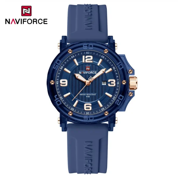Naviforce NF7125 SoftFlex women’s watch with silicone strap, round dial, and date display.