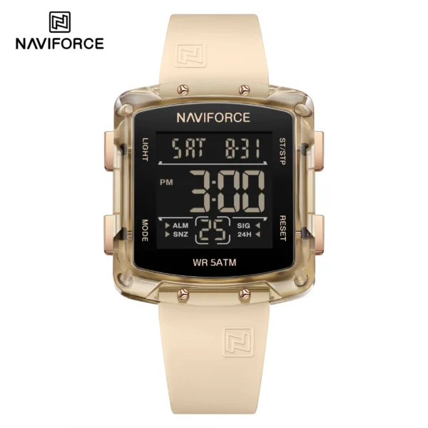 Alt Text: Naviforce NF-7121 Digitron square-dial women’s digital watch with soft silicone strap and bright LCD display.