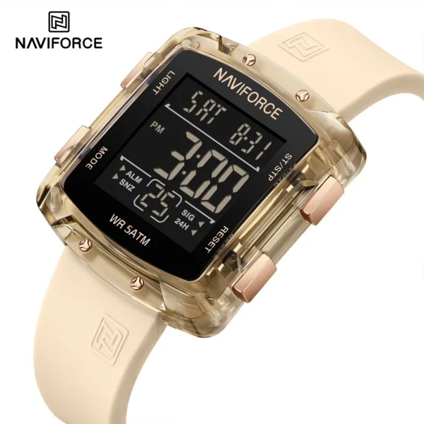 Alt Text: Naviforce NF-7121 Digitron square-dial women’s digital watch with soft silicone strap and bright LCD display.