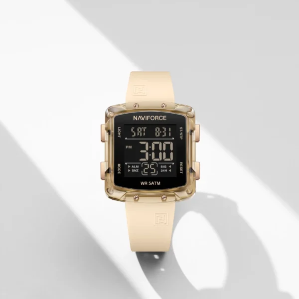Alt Text: Naviforce NF-7121 Digitron square-dial women’s digital watch with soft silicone strap and bright LCD display.