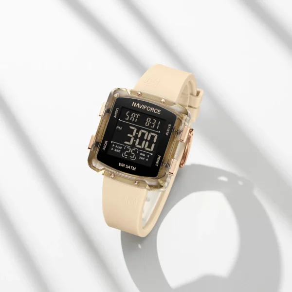Alt Text: Naviforce NF-7121 Digitron square-dial women’s digital watch with soft silicone strap and bright LCD display.