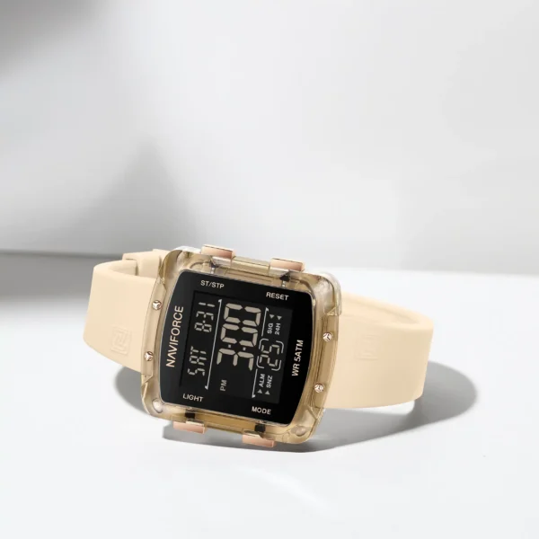 Alt Text: Naviforce NF-7121 Digitron square-dial women’s digital watch with soft silicone strap and bright LCD display.