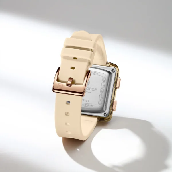 Alt Text: Naviforce NF-7121 Digitron square-dial women’s digital watch with soft silicone strap and bright LCD display.
