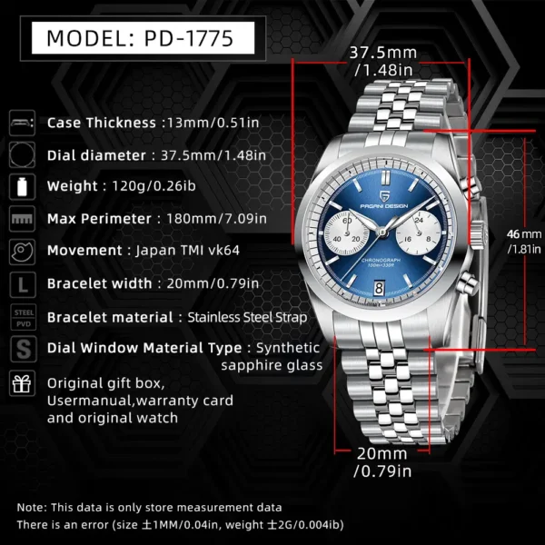 Hafta Bazaar by Pagani PD-1775 Chrono Jubilee Signature Series watch featuring a refined chronograph dial, Jubilee-style bracelet, and polished stainless-steel finish.