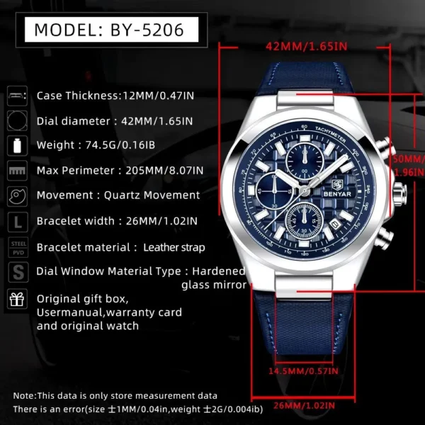 Hafta bazar by Benyar -5206 chronograph watch with blue dial and stainless steel case