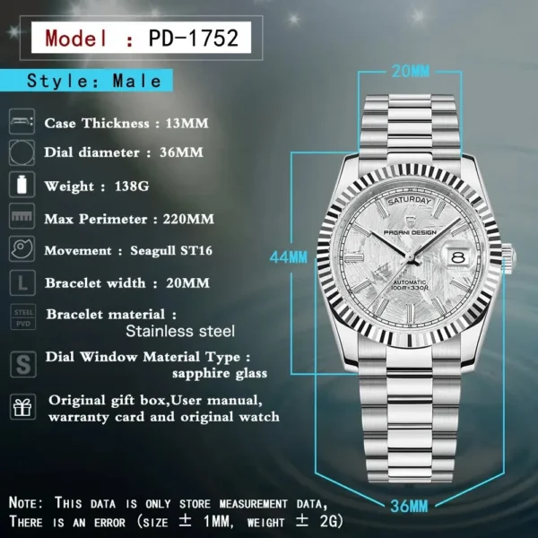 Hafta Bazar by Pagani Design ST16 Day-Date President Luxury Series wristwatch featuring a classic day-date display, fluted bezel, and a premium President-style bracelet.