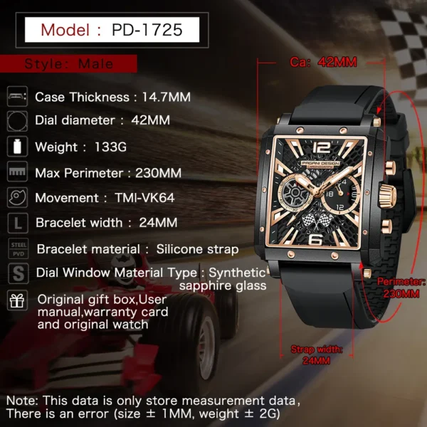 Hafta Bazaar by Pagani Design PD-1725 Square Series watch with a modern square case, sleek dial design, and stainless-steel bracelet.