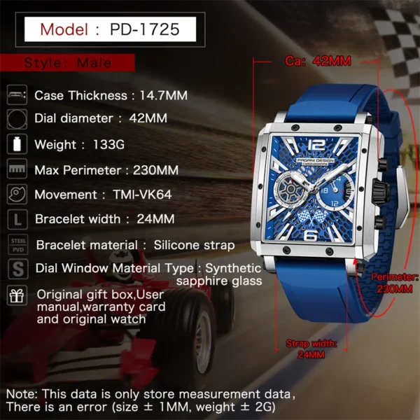 Hafta Bazaar by Pagani Design PD-1725 Square Series watch with a modern square case, sleek dial design, and stainless-steel bracelet.