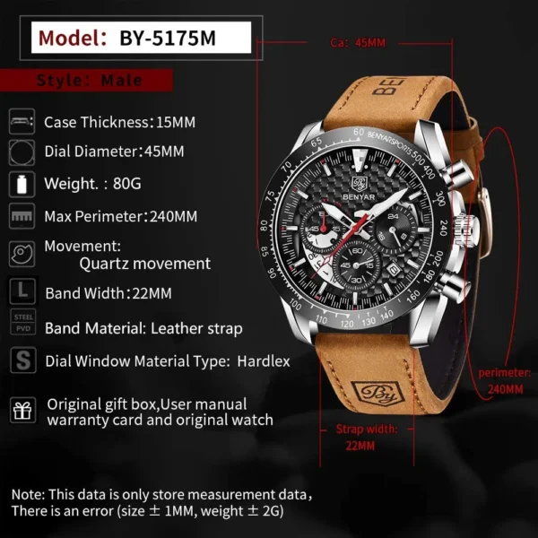 Hafta Bazar by Benyar 5175 Brow Satovi Premium Series wristwatch with brown dial, silver case, and leather strap.