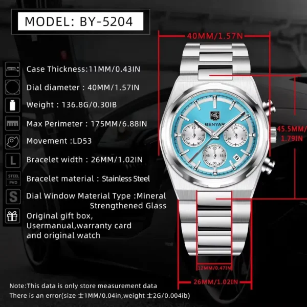 Hafta bazar by Benyar-5204 Chronograph Prestige Series wristwatch with a detailed chronograph dial, bold markers, and a polished stainless steel strap.