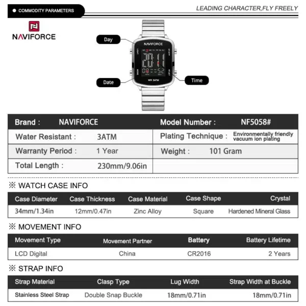 “Naviforce NF-5058 women’s pixel-style elegant wristwatch with a minimalist square dial and stainless-steel strap.”