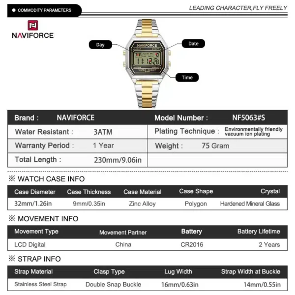 Hafta Bazaar Naviforce NF 5063 Retro Digital Lady Watch with rectangular display and digital time screen for women