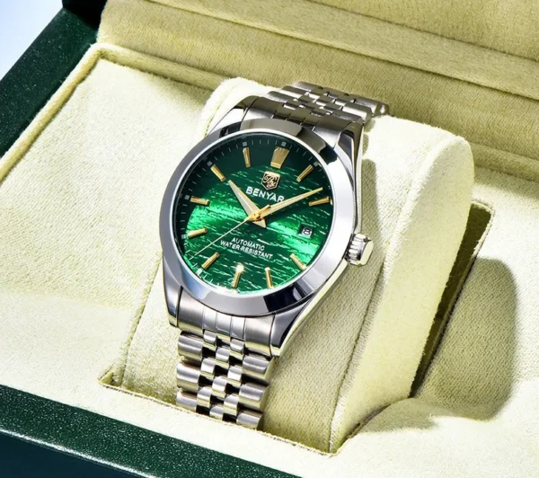 Hafta Bazar by Benyar-5208 Signature Automatic Elite Series watch with an open-heart automatic movement, textured dial, and a stainless steel strap.