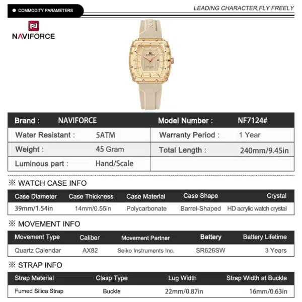 Naviforce NF 7124 Urban Lady Date women’s wristwatch silicone strap, and date display in a modern fashion design.
