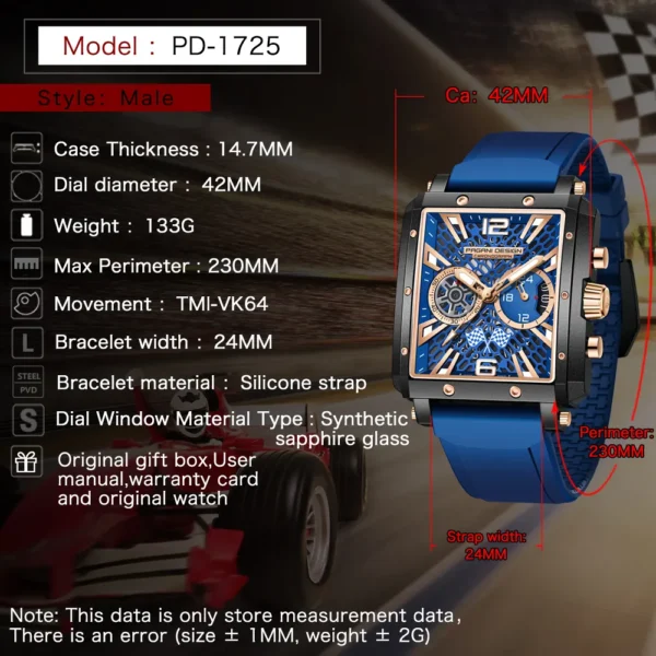 Hafta Bazaar by Pagani Design PD-1725 Square Series watch with a modern square case, sleek dial design, and stainless-steel bracelet.