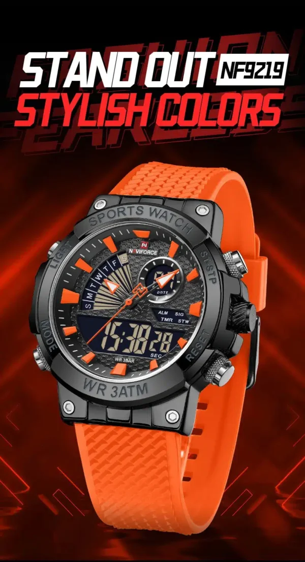 “Naviforce NF-9219 Doppio Edition men’s luxury watch featuring a dual-time display, stainless-steel build, and elegant modern dial design.”
