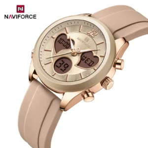 Naviforce NF5045 Elegant Heart women’s wristwatch with zinc alloy case, mineral glass dial, and lightweight silicone strap in a fashionable design.