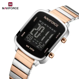 “Naviforce NF-5058 women’s pixel-style elegant wristwatch with a minimalist square dial and stainless-steel strap.”