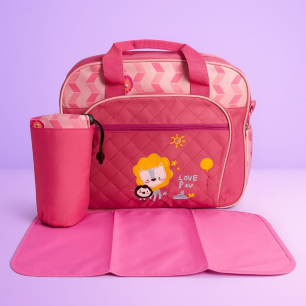 Hafta bazaar by Pink baby diaper bag set with matching bottle holder and foldable changing mat for newborns and moms.