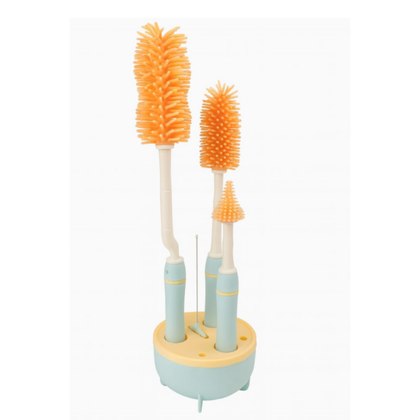 Hafta Bazaar by 6-in-1 silicone baby bottle cleaning brush set with stand, including bottle brush, nipple brush, straw cleaner, and accessory tools.
