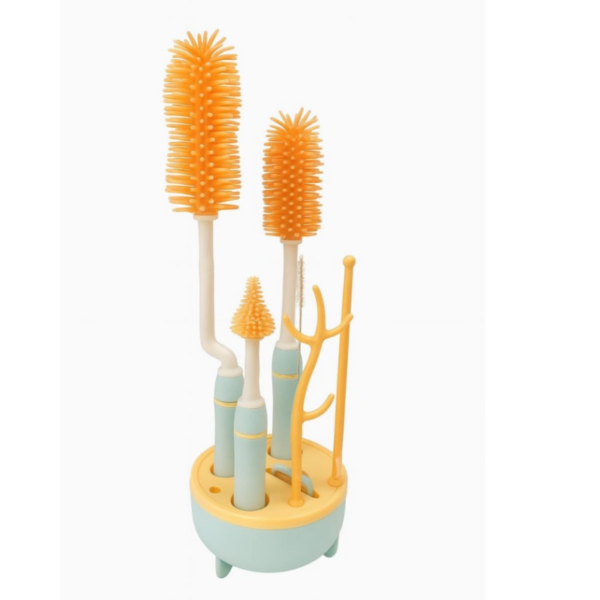 Hafta Bazaar by 6-in-1 silicone baby bottle cleaning brush set with stand, including bottle brush, nipple brush, straw cleaner, and accessory tools.