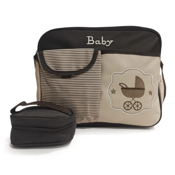Hafta bazaar by “Beige & brown embroidered baby stroller diaper bag with multiple compartments and feeder pouch for organized baby care.”