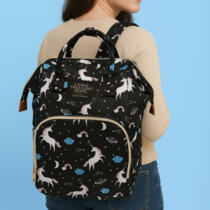 Hafta Bazaar by “Baby Care Mother Bag Pack with multiple compartments designed for hands-free carrying of baby essentials.”