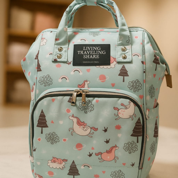 Hafta Bazaar by “Baby Care Mother Bag Pack with multiple compartments designed for hands-free carrying of baby essentials.”