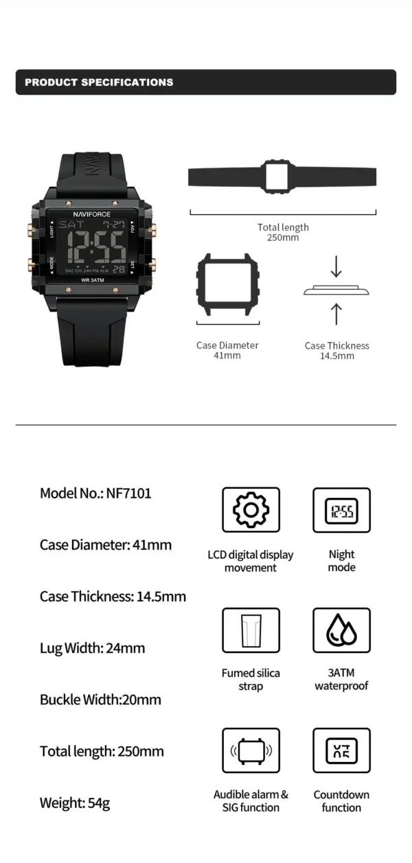 Naviforce NF-7101 digital sports watch with square LCD display and silicone strap.