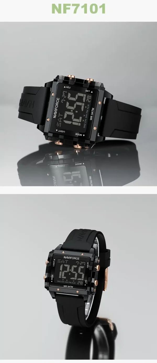 Naviforce NF-7101 digital sports watch with square LCD display and silicone strap.
