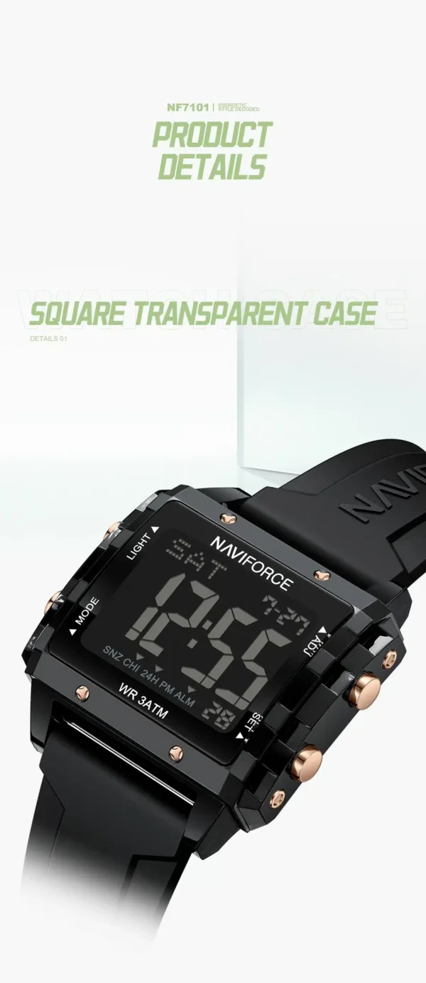 Naviforce NF-7101 digital sports watch with square LCD display and silicone strap.