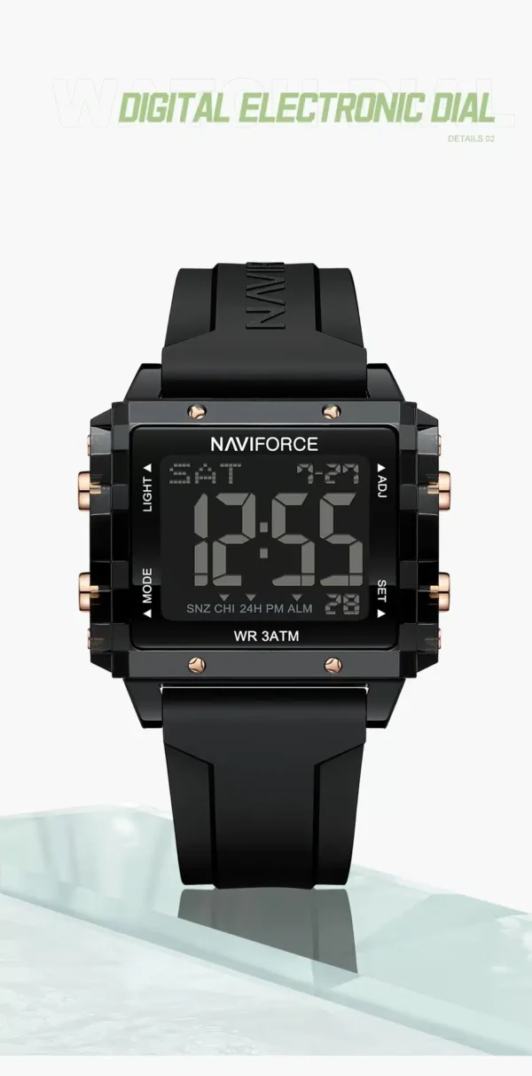 Naviforce NF-7101 digital sports watch with square LCD display and silicone strap.