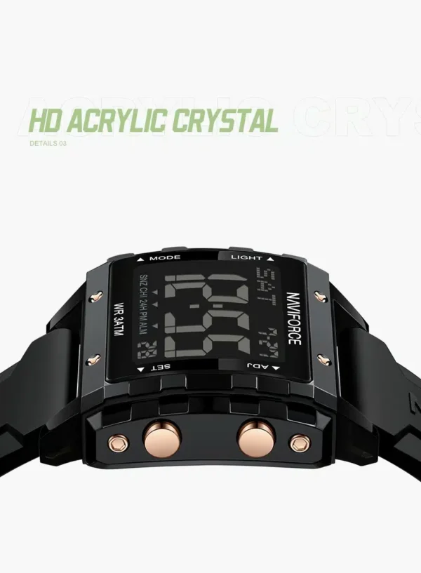 Naviforce NF-7101 digital sports watch with square LCD display and silicone strap.