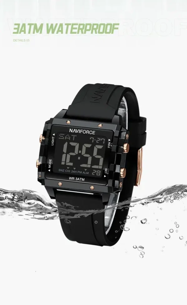 Naviforce NF-7101 digital sports watch with square LCD display and silicone strap.