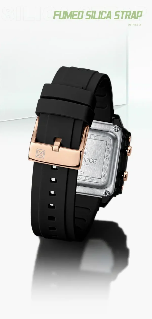 Naviforce NF-7101 digital sports watch with square LCD display and silicone strap.