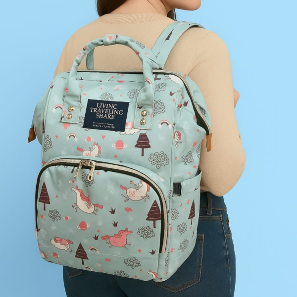 Hafta Bazaar by “Baby Care Mother Bag Pack with multiple compartments designed for hands-free carrying of baby essentials.”