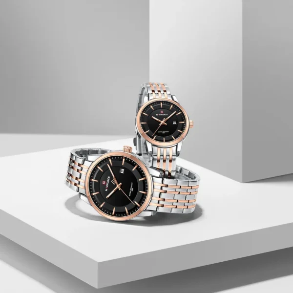 Hafta Bazaar by Naviforce 9228 Connect Series couple watches featuring matching minimalist dials, stainless-steel cases, and coordinated elegant designs.
