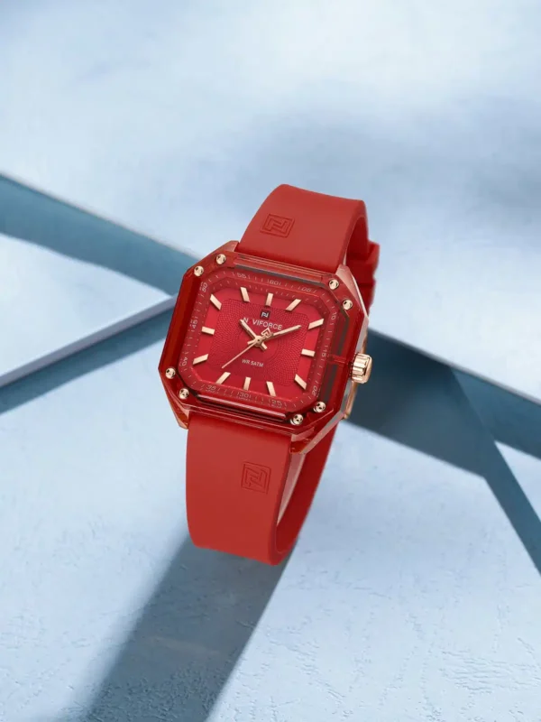 Naviforce NF-7106 Square Essence women’s watch with a stylish square dial and soft silicone strap.