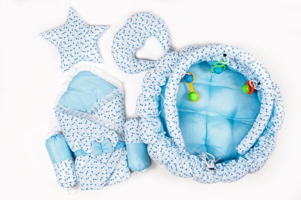 Hafta Bazaar by 11-piece newborn baby bedding set with carry nest, quilt, mattress, pillows, bolsters, and soft accessories.