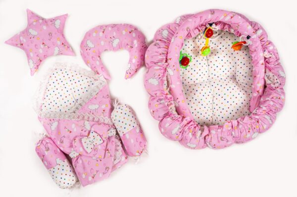 Hafta Bazaar by 11-piece newborn baby bedding set with carry nest, quilt, mattress, pillows, bolsters, and soft accessories.