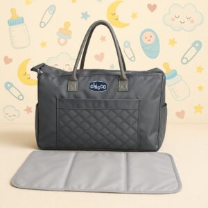 Hafta Bazaar by “Chicco premium grey quilted baby diaper bag with changing mat and spacious compartments.”